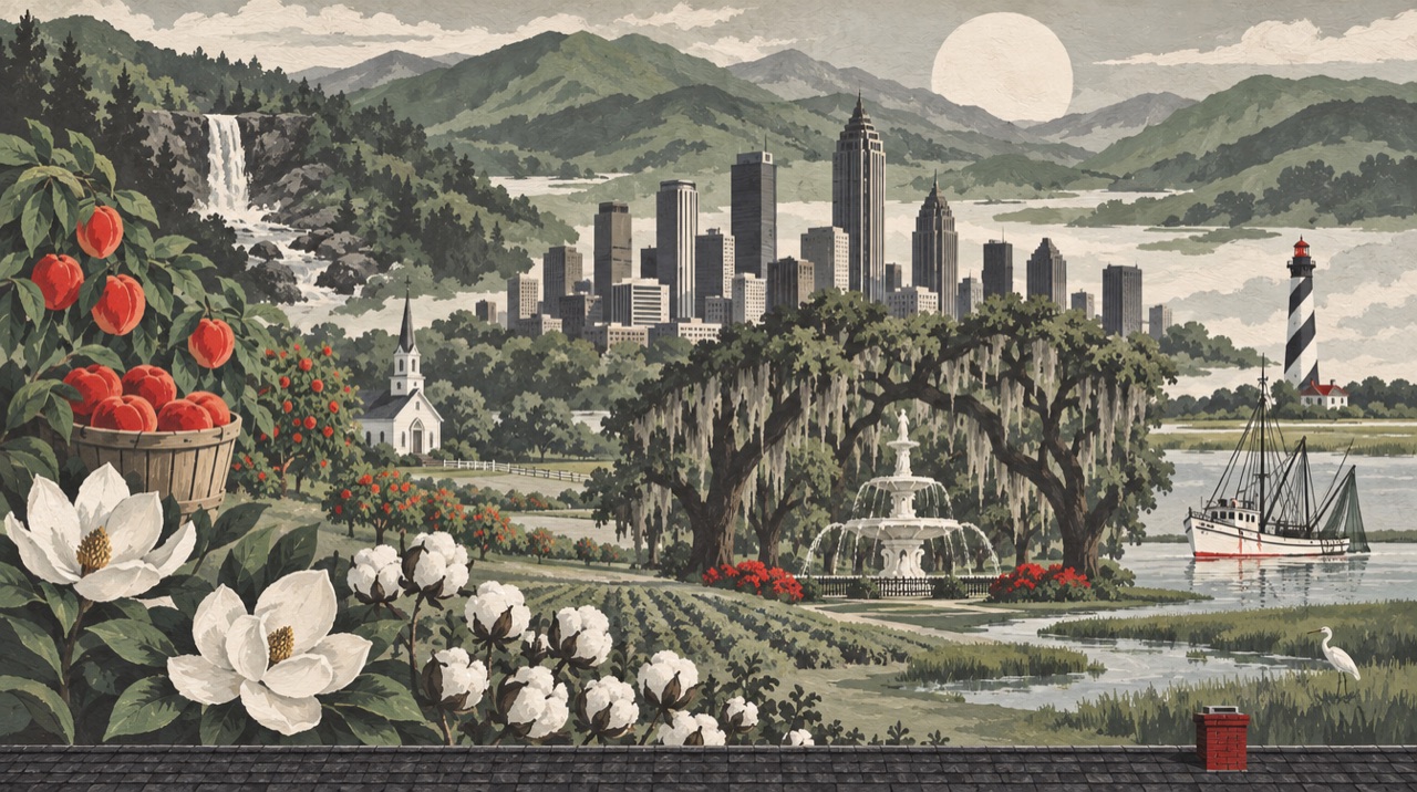 Painted mural of Georgia: its landmarks, landscape, and culture