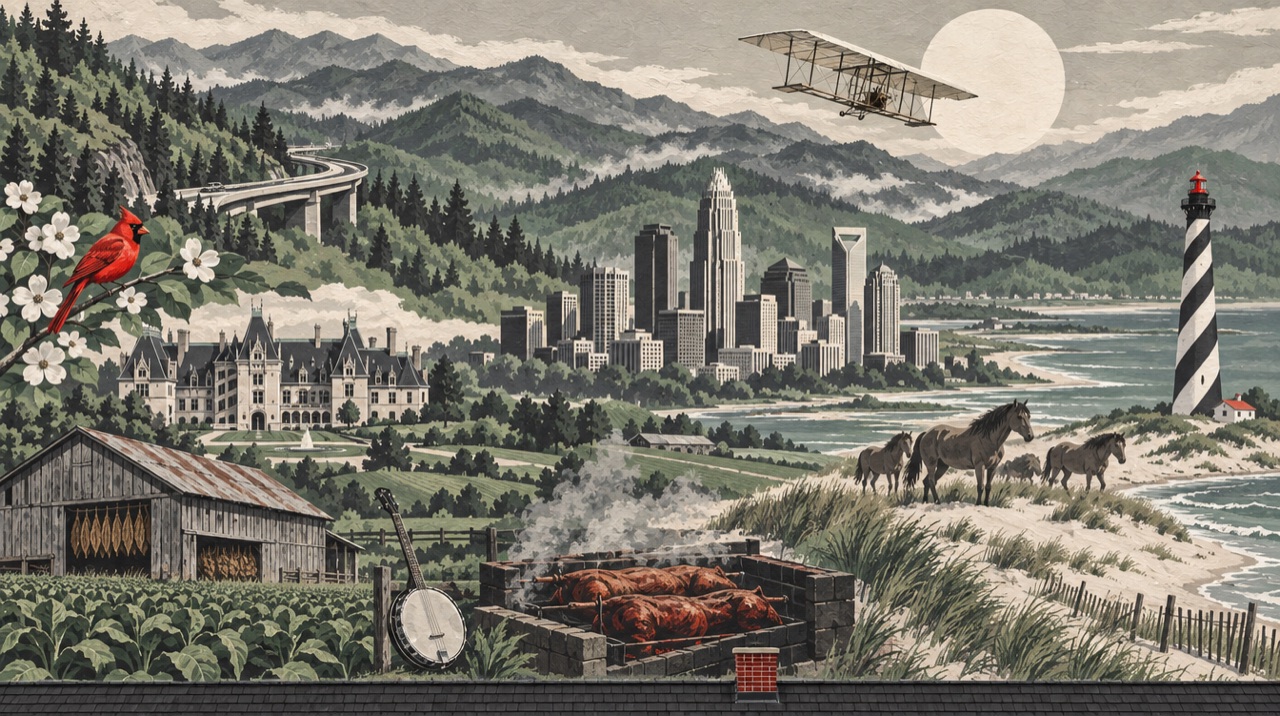 Painted mural of North Carolina: its landmarks, landscape, and culture