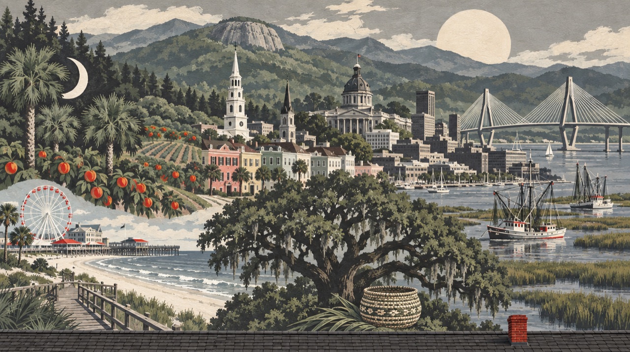 Painted mural of South Carolina: its landmarks, landscape, and culture